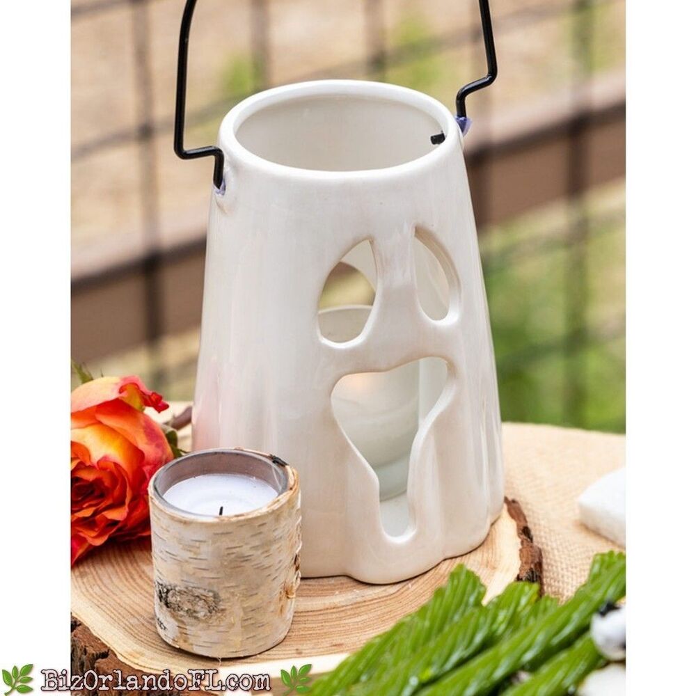 White Ceramic Ghost Lantern Candle Holder w/ Metal Handle Halloween Spooky Decor